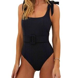 Sexybody One Piece Swimsuit Square Neck Belted Ribbed Tummy Control Tie Shoulder